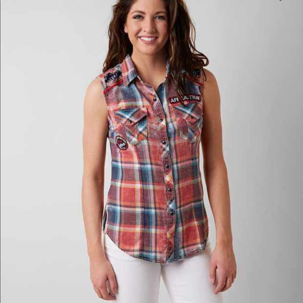 Affliction under the sun plaid sleeveless shirt